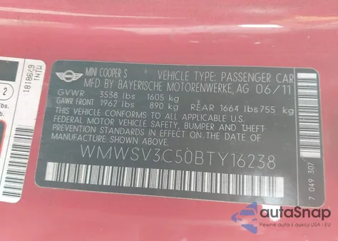 2011 Mini Cooper S z USA, uszkodzony, nr VIN WMWSV3C50BTY16238